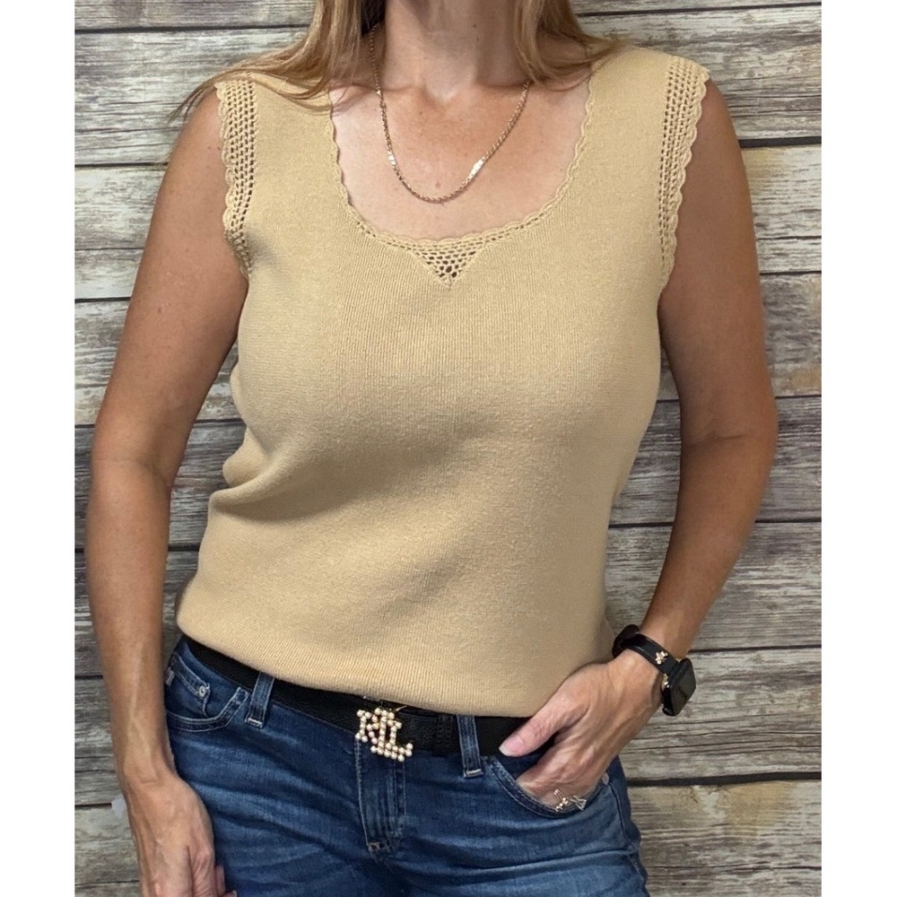 Y2K Knit Top Apostrophe Tan Cotton Sleeveless Tank Crochet Scalloped Neck Medium